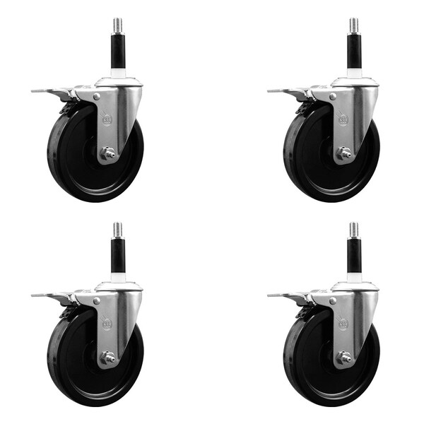 5'' SS Phenolic Swivel 7/8'' Expanding Stem Caster Set Total Lock Brake, 4PK